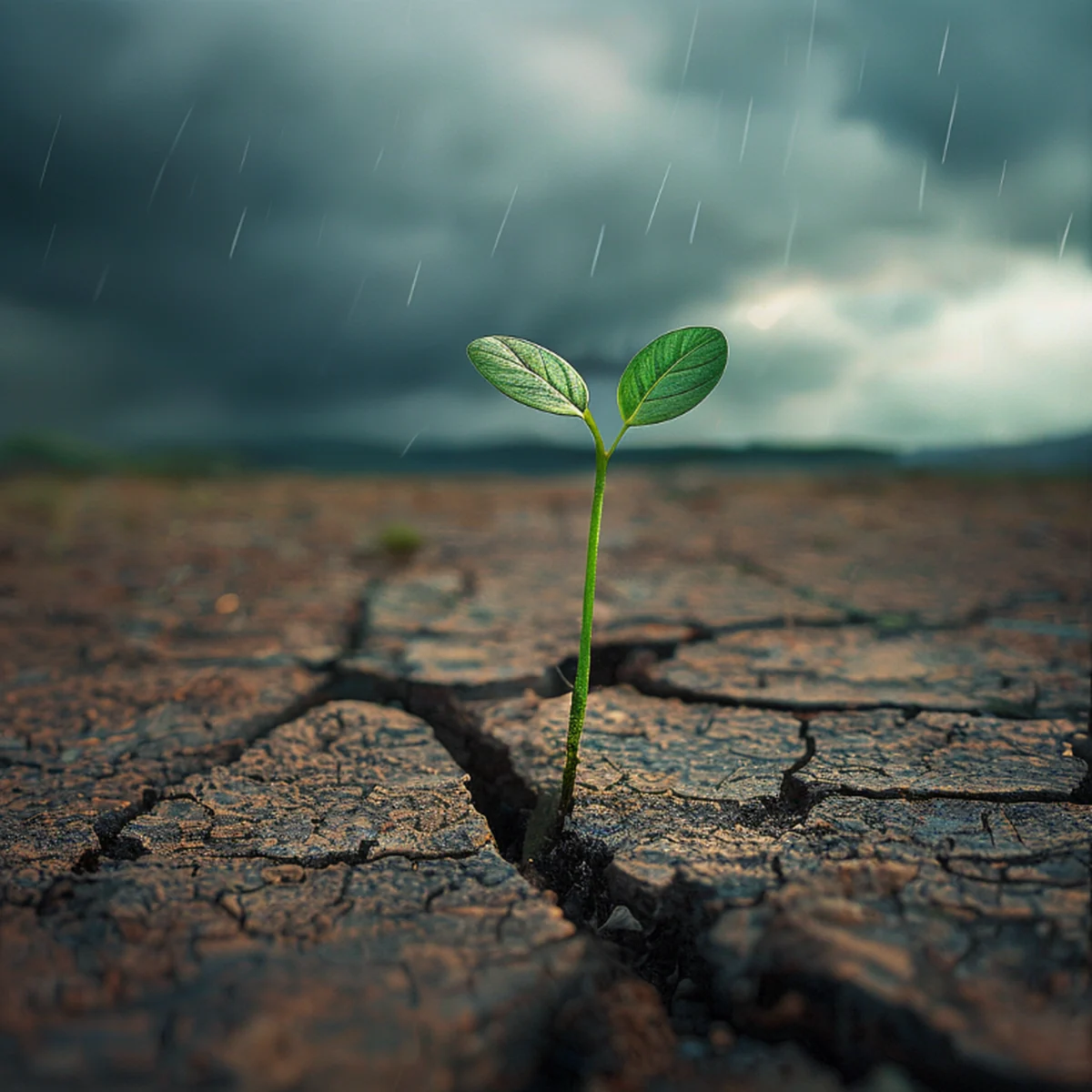 Un brote verde creciendo en tierra seca simbolizando la resiliencia.