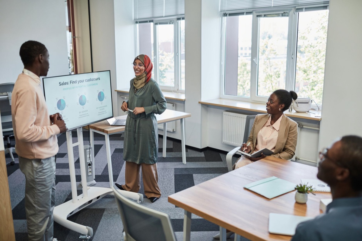 Sales team in meeting room discussing strategies